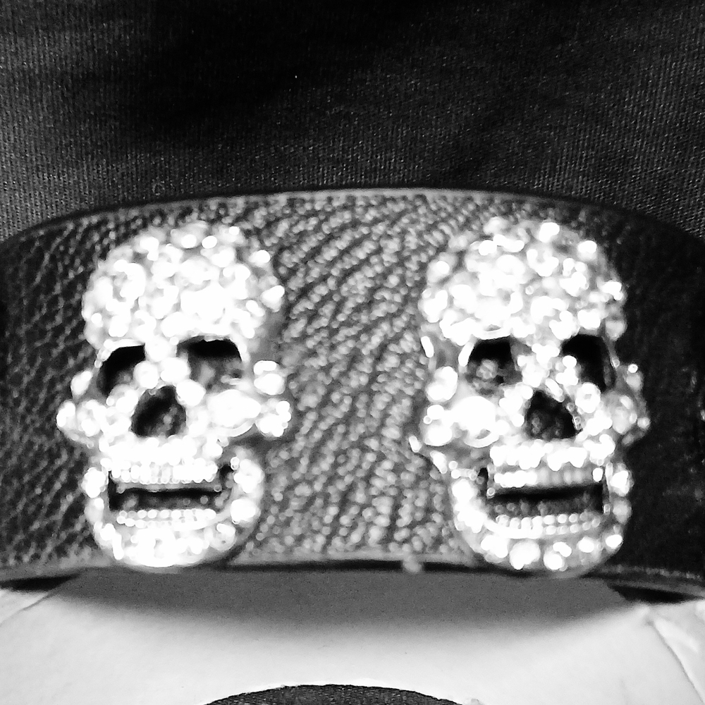 Butler And Wilson Leather Bracelet With Brilliant Crystal Studded Skulls